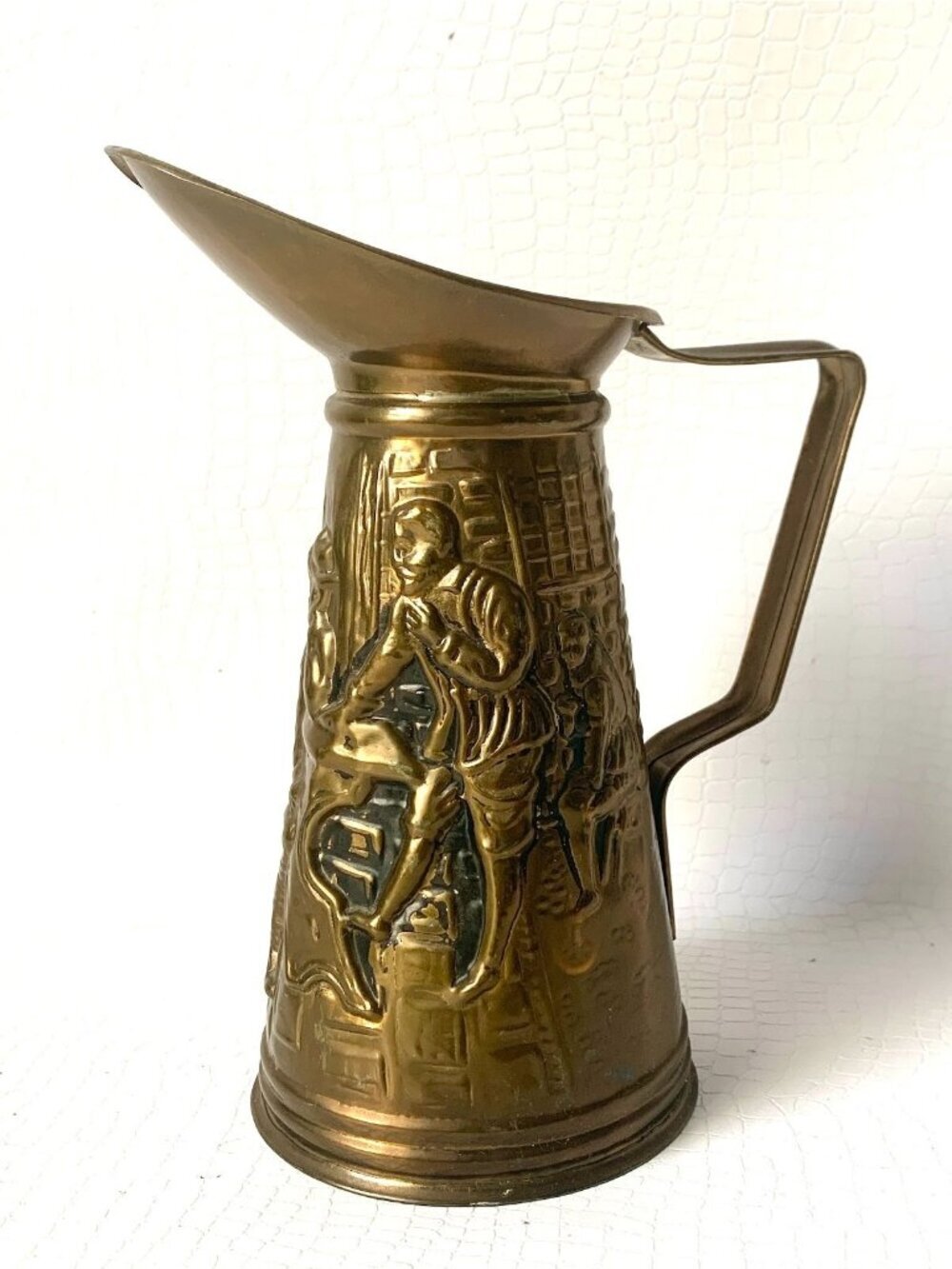 Vintage Brass Pitcher Embossed Old English Pub Scene Elpec England